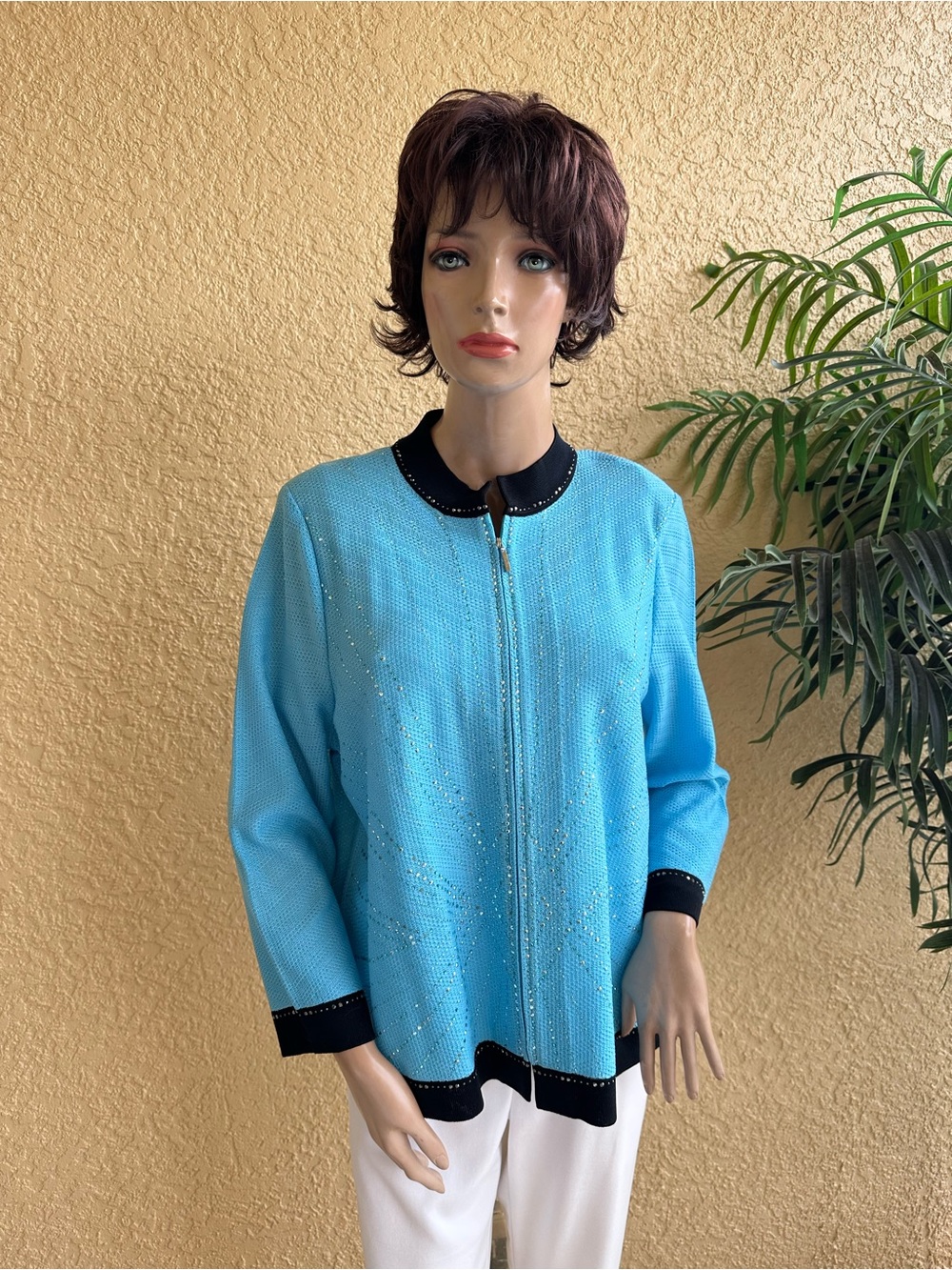 Ming Wang designs textured light turquoise blue bejeweled dress jacket